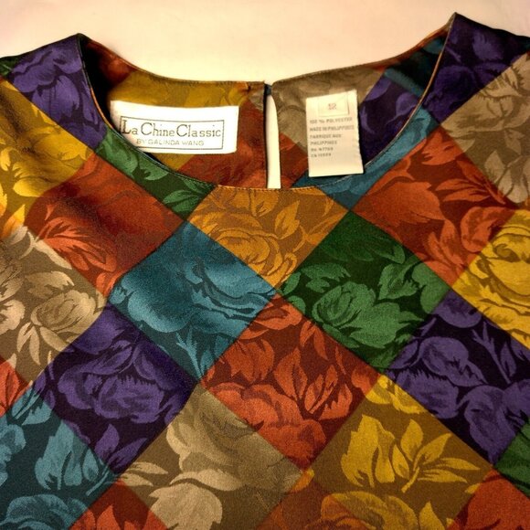 La Chine Classic Blouse Size 12 Satin Polyester Patch Look Rose Long Slv Vintage - Picture 7 of 16